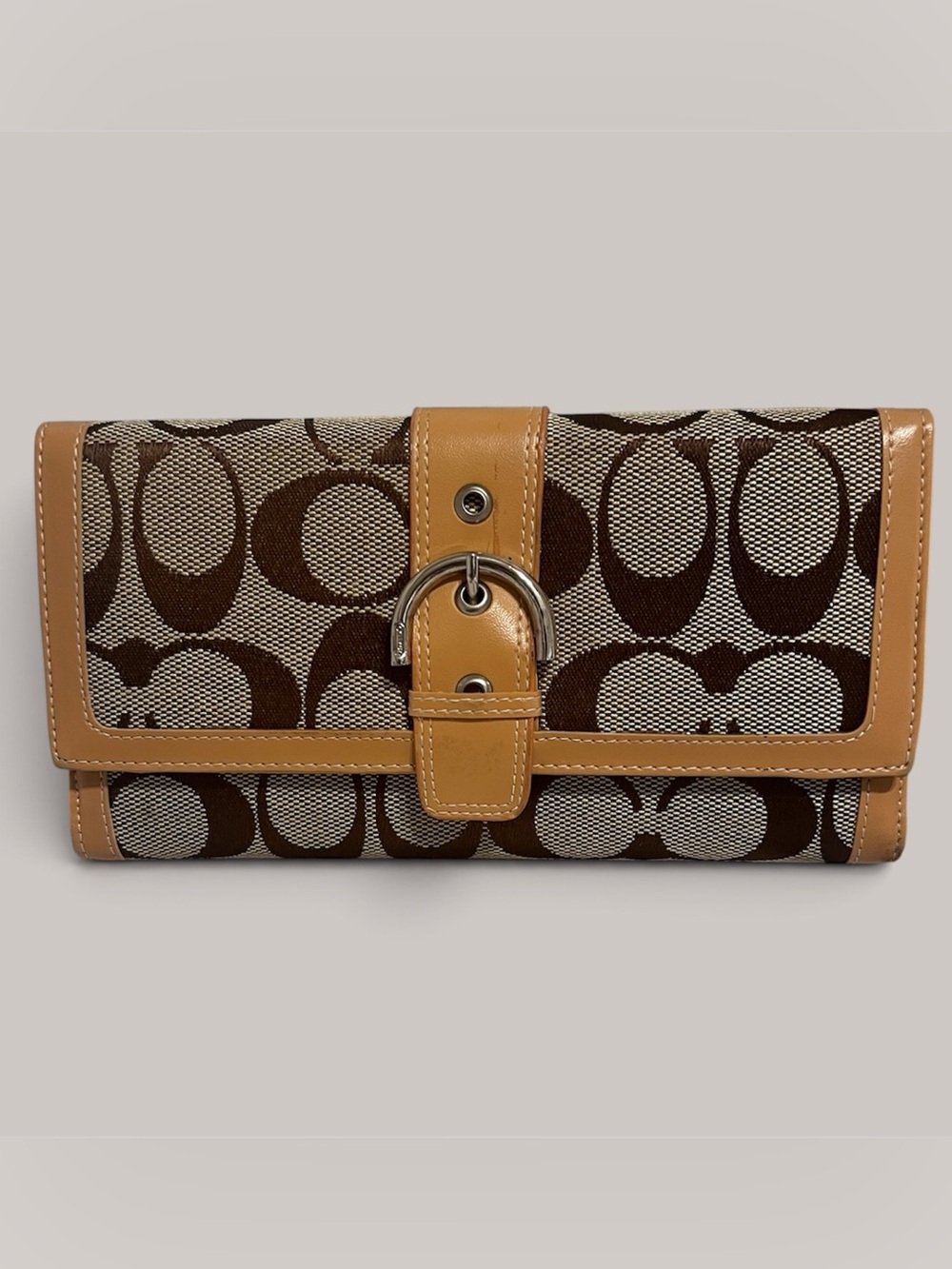 VTG Coach Light/Dark Brown Canvas Signature “C” Logo Leathet Trim Trifold Wallet